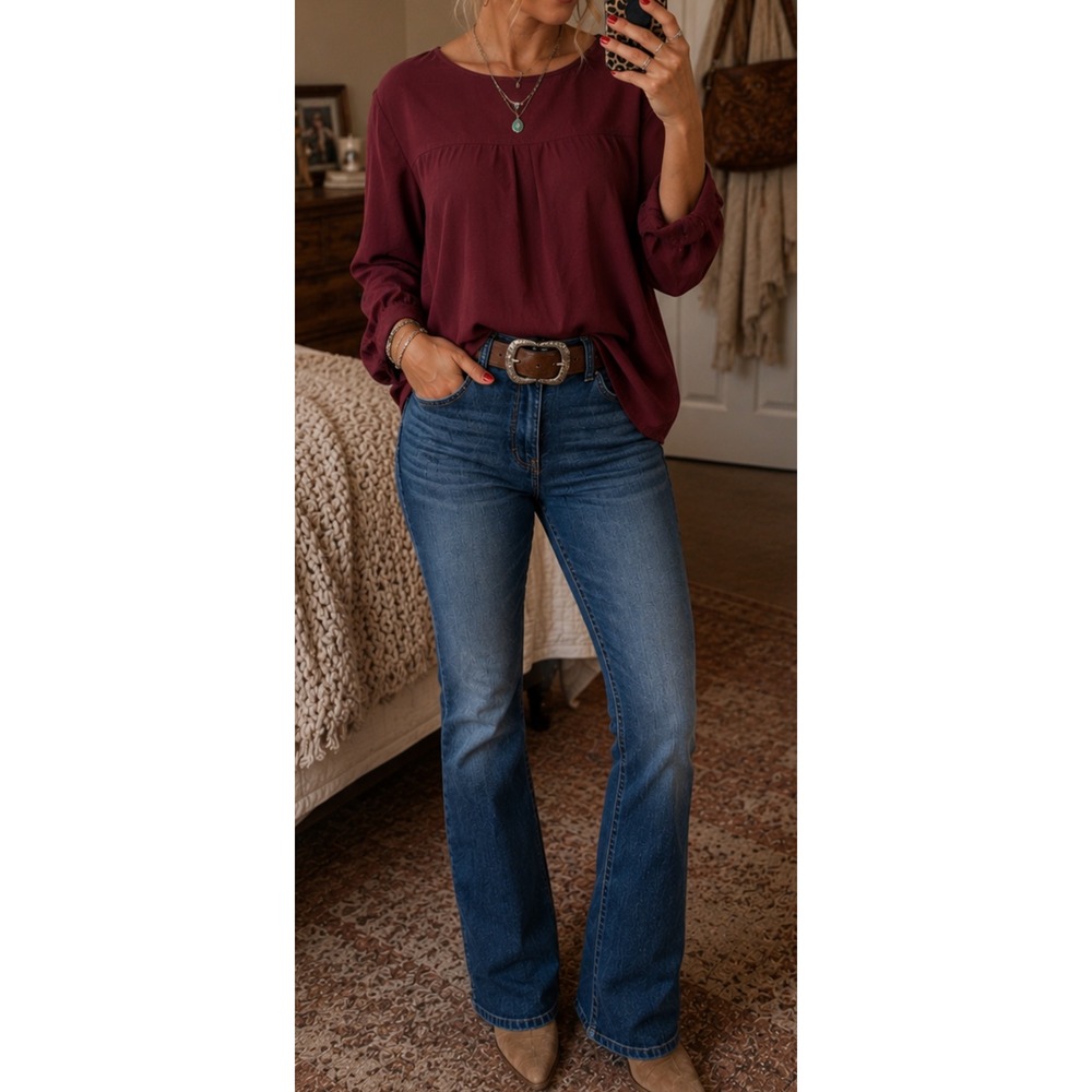 LOFT Blouse Womens Medium Burgundy Good Preowned Pleated Yoke High-Low Hem